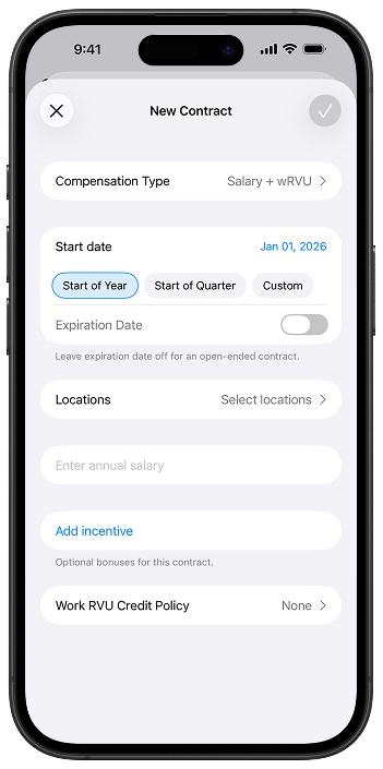 New Contract screen showing compensation type, start date shortcuts, expiration toggle, locations, salary, add incentive, and work RVU credit policy