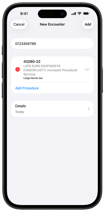 New Encounter screen with procedure code, Add Procedure link, Details section, and Cancel and Add actions
