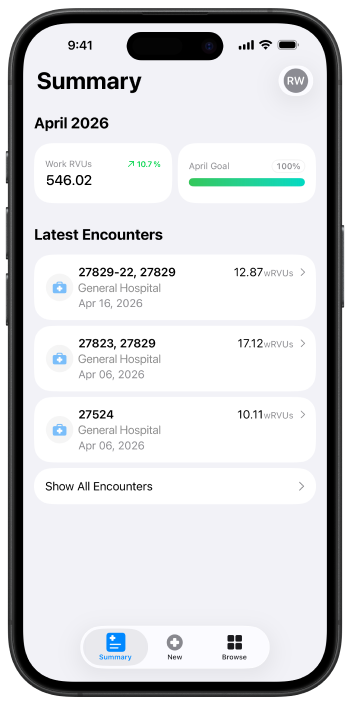 RVU Wallet Summary screen showing April 2026 work RVUs, goal progress, latest encounters, and bottom navigation